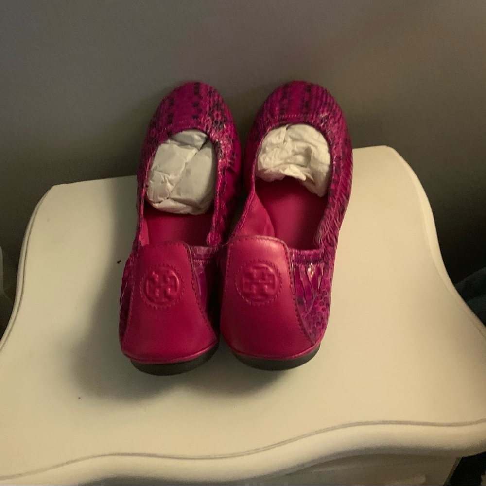 Tory Burch snake skin flats in magenta